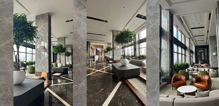 Grey Emperador Marble – Lobby Full-Height Feature Wall
