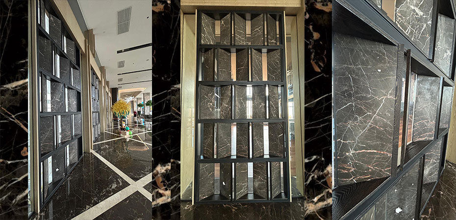 Saint Laurent Marble – Lobby Curved Feature Wall & Inlaid Flooring