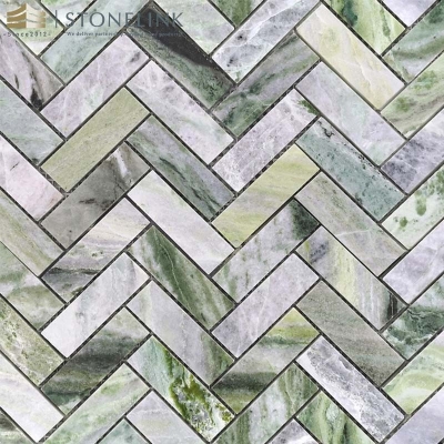 Raggio Verde herringbone marble mosaic