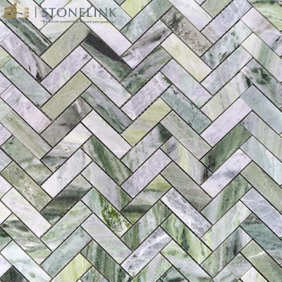 Raggio Verde herringbone marble mosaic