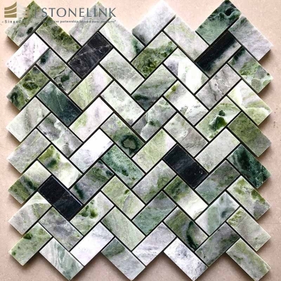 Raggio Verde herringbone marble mosaic