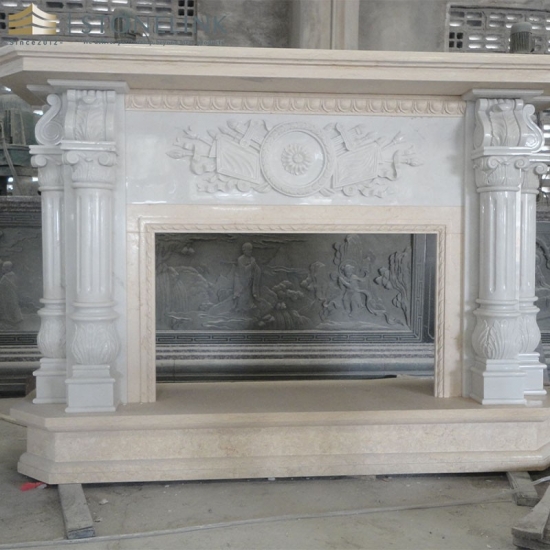 White beige marble fireplace