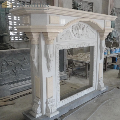 White beige marble fireplace