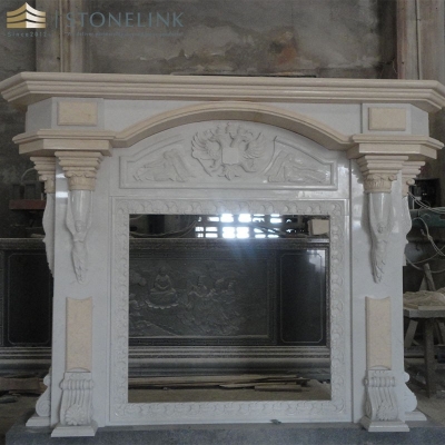 White beige marble fireplace