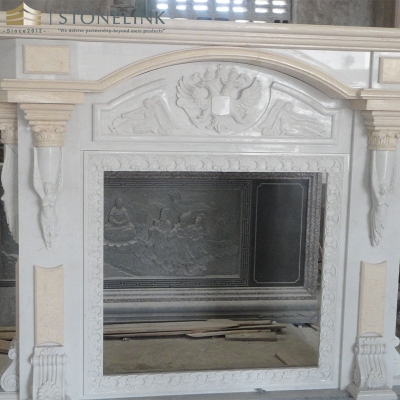 White beige marble fireplace