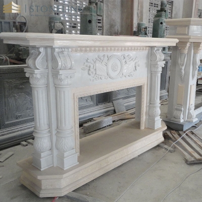 White beige marble fireplace