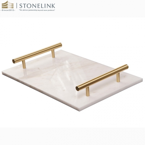 Brass handle rectangular Bianco white marble tray