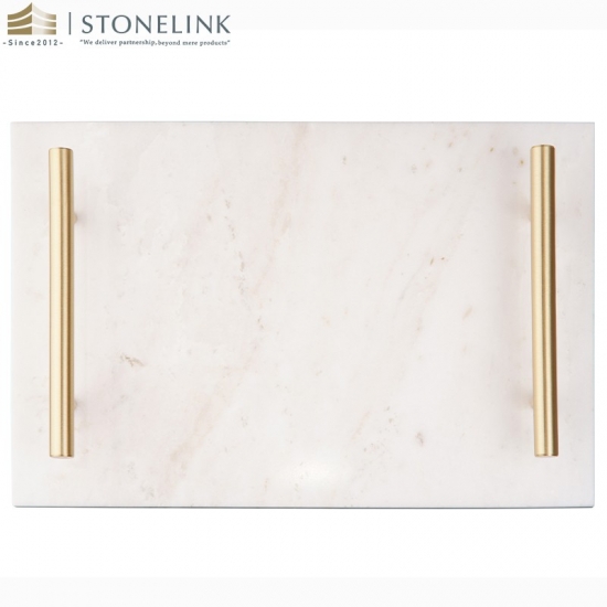 Brass handle rectangular Bianco white marble tray