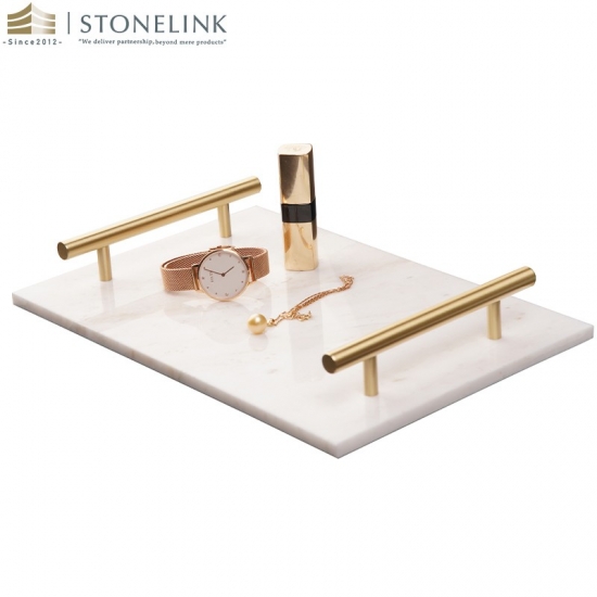 Brass handle rectangular Bianco white marble tray