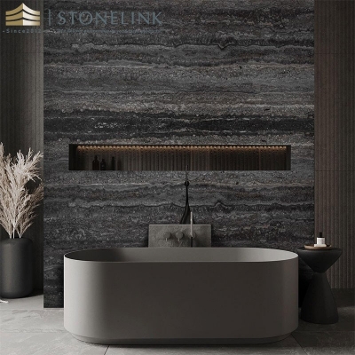 Black travertine slab
